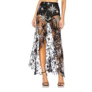 For Love & Lemons Stardust Black Sheer Silver Sequins Asymmetrical Skirt Size M